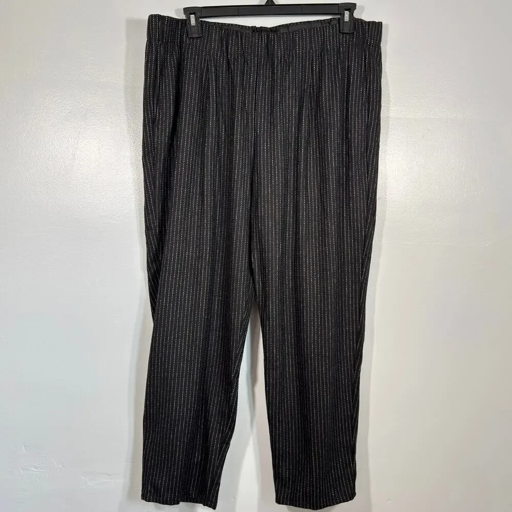 Eileen Fisher Wool Broken Stripe Flannel Pant XL Black Tapered Pull On Elastic